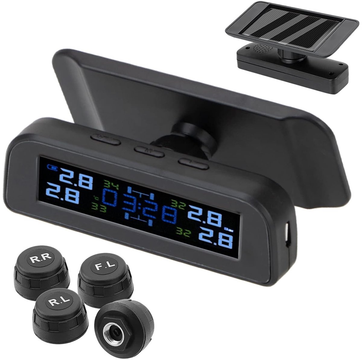 Bandenspanningssysteem - TPMS Solar - Rijveiligheid Verbeteren - Dynamische Monitoring - 4 Sensoren - Zwart