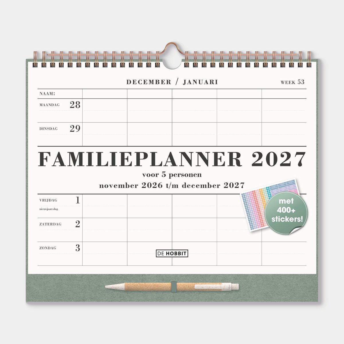 Hobbit - Familieplanner 2027 - A4+ (25,5 x 30 cm) - Familie kalender - Spiraalgebonden - 5 personen - met pen - Groen