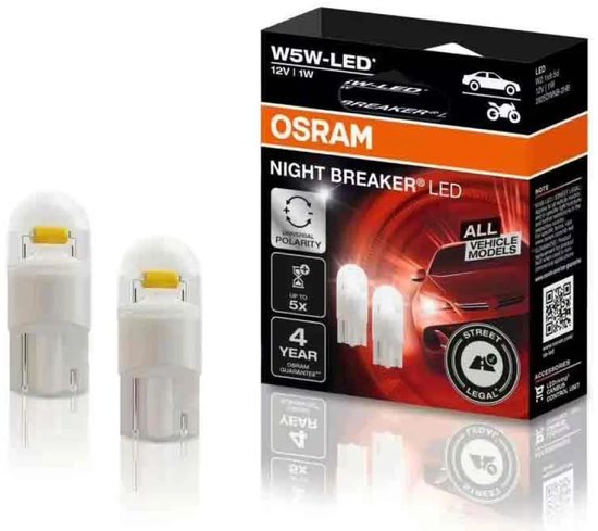OSRAM Night Breaker LED verpakking met twee W5W LED-lampen met gele capsules.