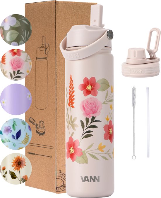 VANN® 3-Wandige RVS Drinkfles 650 ML met rietje voor volwassenen – Met 2 doppen – Thermosfles – 12 uur warm/24 uur koud – Bloemen fles – Cadeau voor man en vrouw -VANN FLOWER BOTTLE
