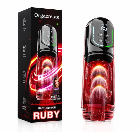 Orgazmate Ruby de Masturbator voor Man - Sex Toys voor Mannen - Met AI Lover App - Blowjob Simulator - Masturbators Electrisch - 343 Verschillende Modes - Pocket Pussy - Automatisch - USB-C Oplaadbaar - Zwart