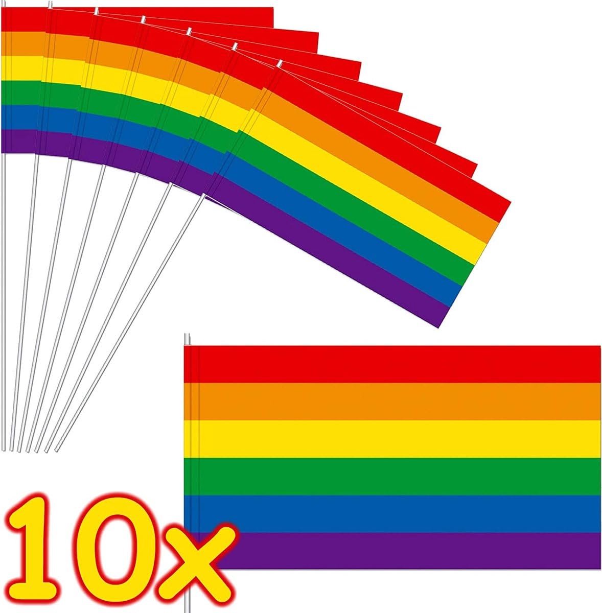 Okado Zwaaivlaggetjes Regenboog 10 Stuks – Pride Vlaggetjes met Plastic Stok – Handvlaggen voor Parade, Festival, Feest, Evenement en Decoratie – 12 x 24 cm