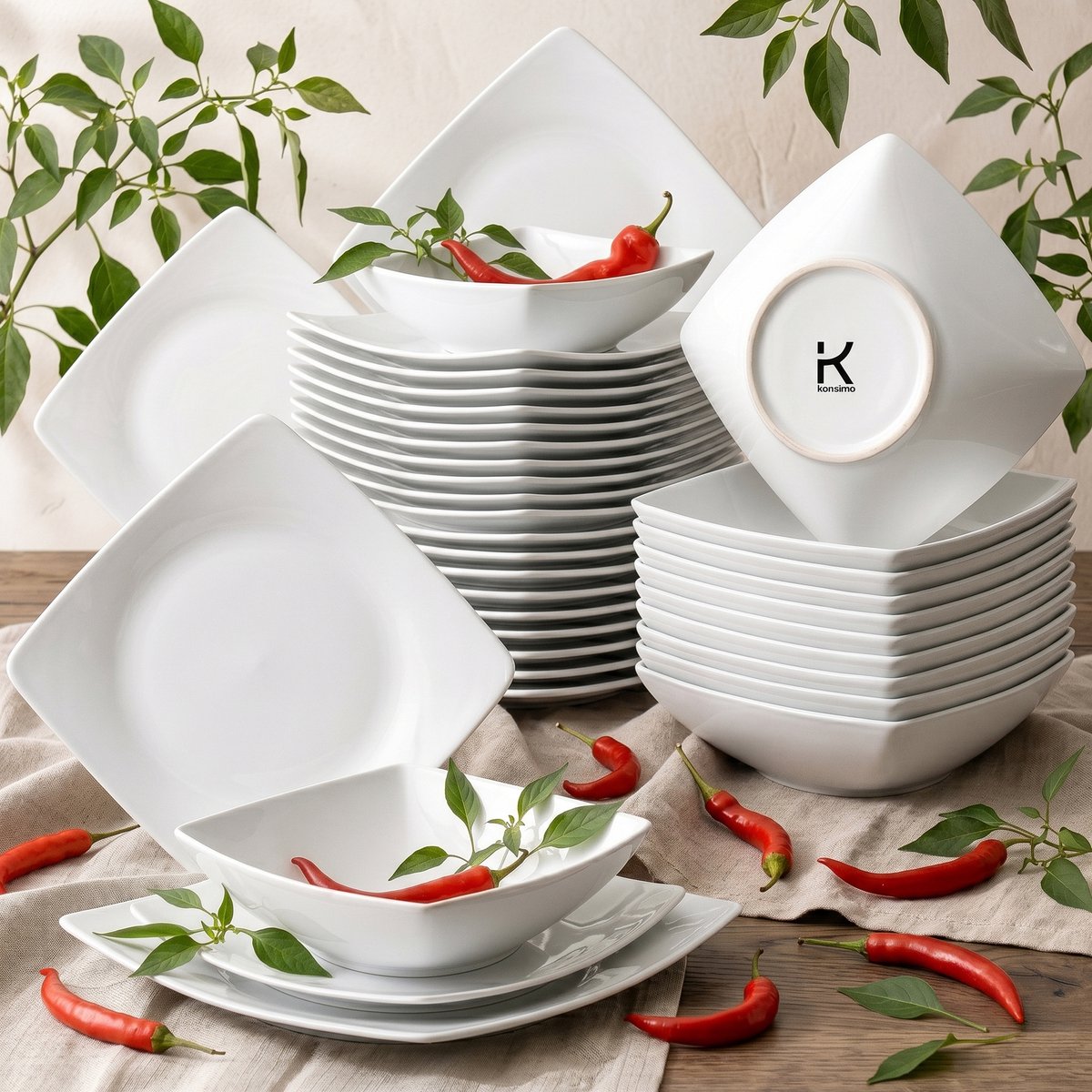 KONSIMO® EPIRI - Serviesset - 36 delig - 12 persoons - Keramiek - Geproduceerd in Europa - Wit - Dessertbord, Diepbord, Dinerbord