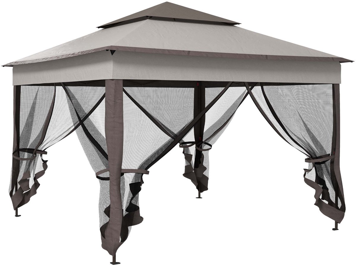 Opvouwbare tuinpaviljoen tent 325x325x270cm lichtgrijs pop-up ontwerp snelle opbouw met afneembare zijwanden en insectengaas stevig duurzaam roestvrij metalen frame ademend en waterbestendig ontwerp geschikt voor tuinfeesten en buitenactiviteiten