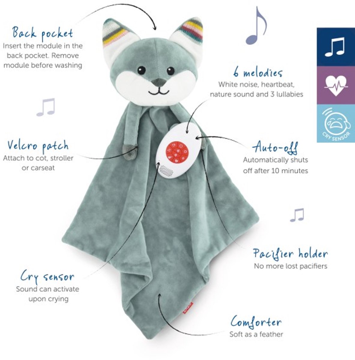 Zazu Felix de Vos - Heartbeat & White Noise Knuffeldoekje - Blauw - 35 cm — afbeelding 6