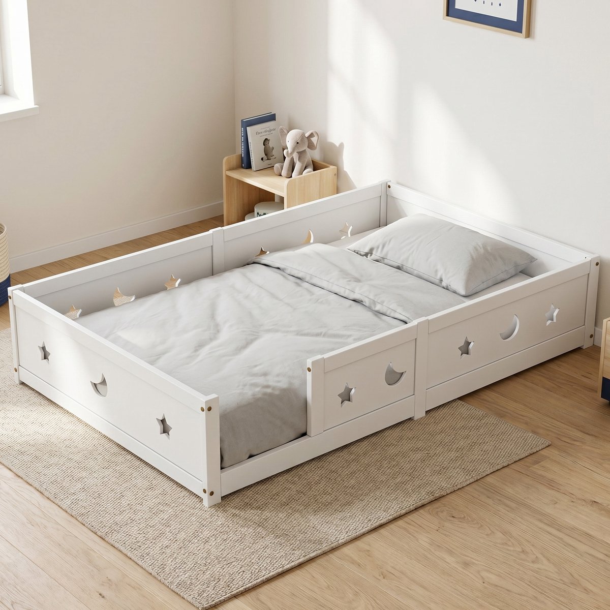 Kinderbed 140x200 cm - Montessori vloerbed met uitvalbeveiliging en lattenbodem - Eenperso