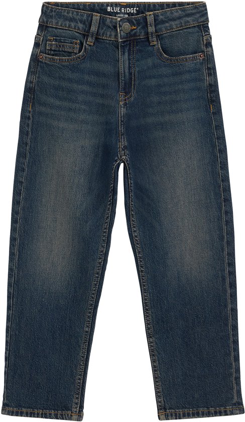 Donkerblauwe jeans met loose fit en BLUE RIDGE branding op de tailleband.