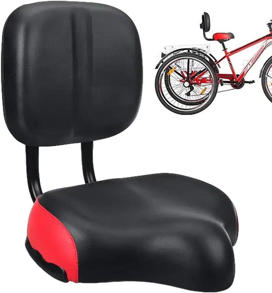 Fietszadel met rugleuning - Extra breed fietskussen - Comfortabel fietsen - Verstelbare rugleuninghoogte - 10.5 cm uitschuifbaar - Rood