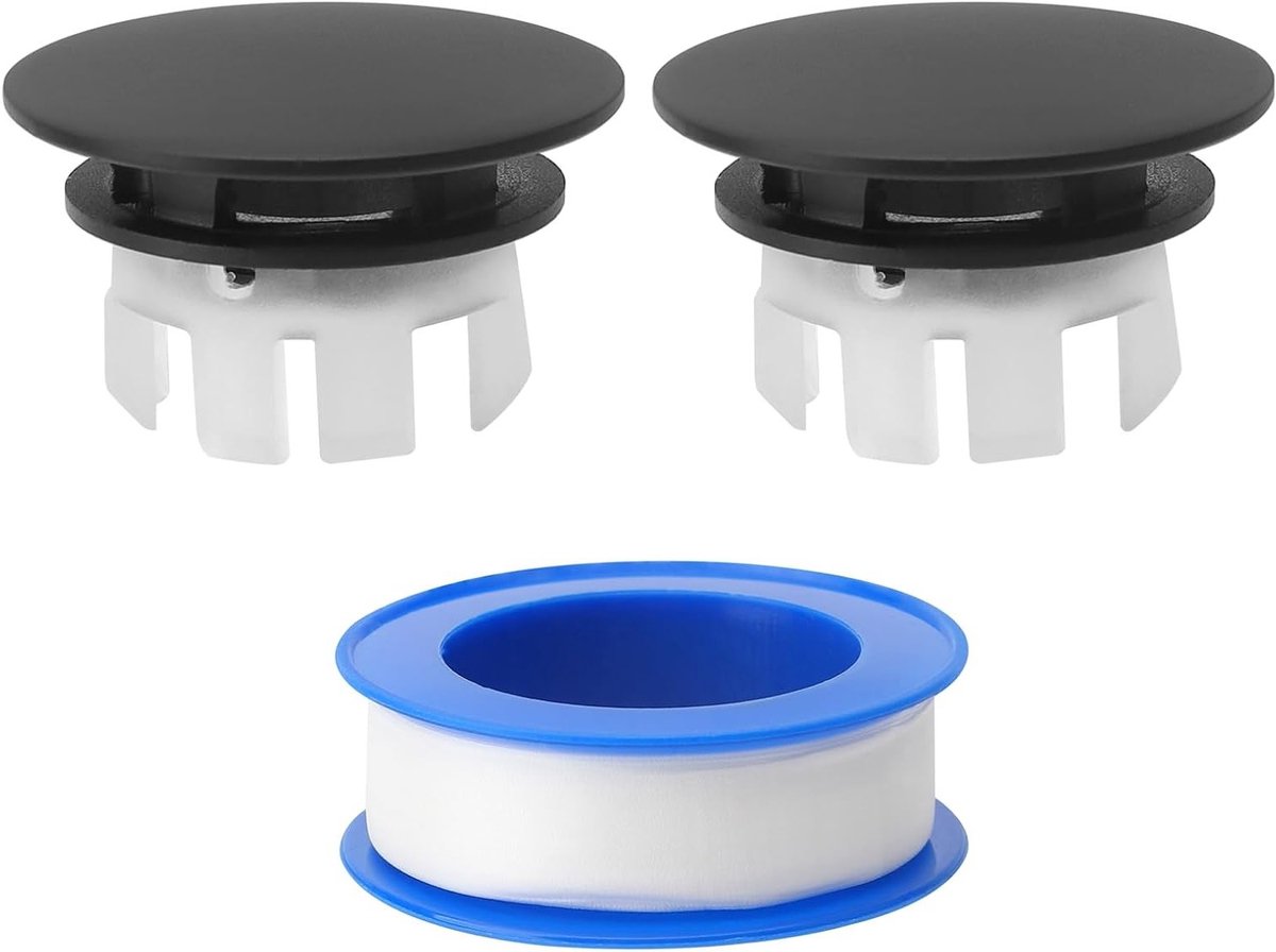 2 Stuks Overloopring voor Wastafel - Ronde Deksel voor Overloop en Wastafelafvoer - Geschikt voor Badkamer en Keuken met PTFE Spool Zwart