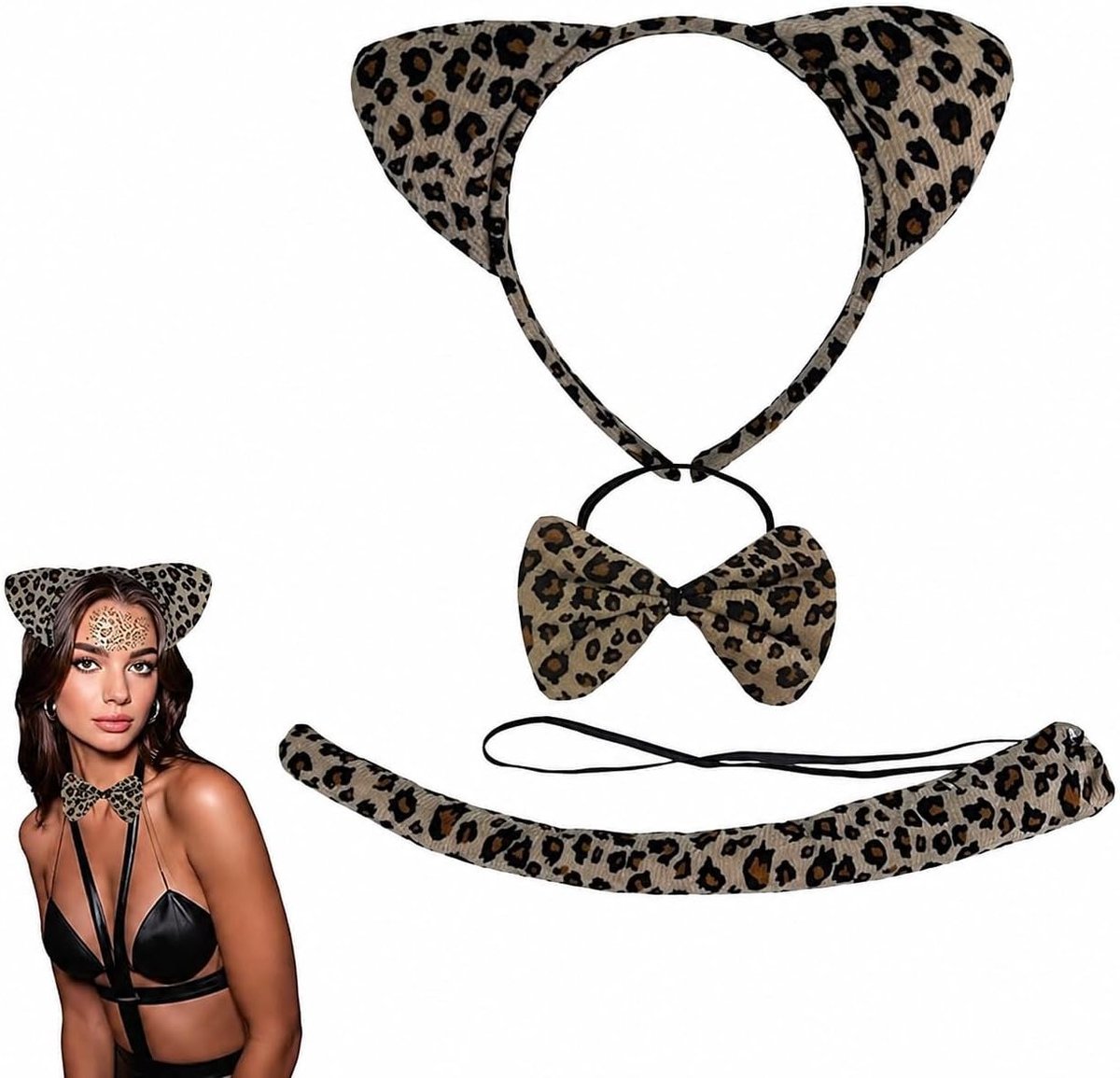 Leopard Kostuum Set met Hoofdband, Strik, Staart en Stickers - Comfortabel en Stijlvol voor Vrouwen, Tieners, Kinderen, Carnaval, Jungle, Feest en Halloween