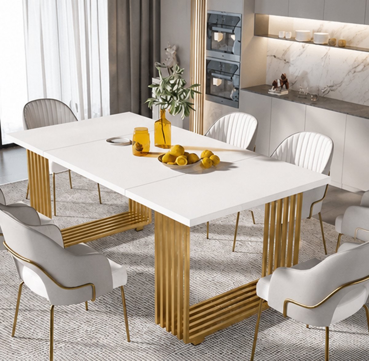 Moderne Eettafel 180 x 80 cm - Wit met Gouden Metalen Poten - Luxe Rechthoekige Eettafel v