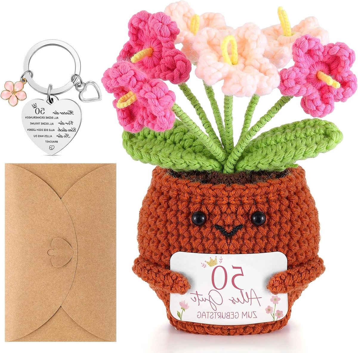 Grappige Verjaardagscadeauset met Positieve Bloem, Sleutelhanger en Creatieve Breiaccessoires voor Geluk en Vriendschap (50ste Verjaardag)