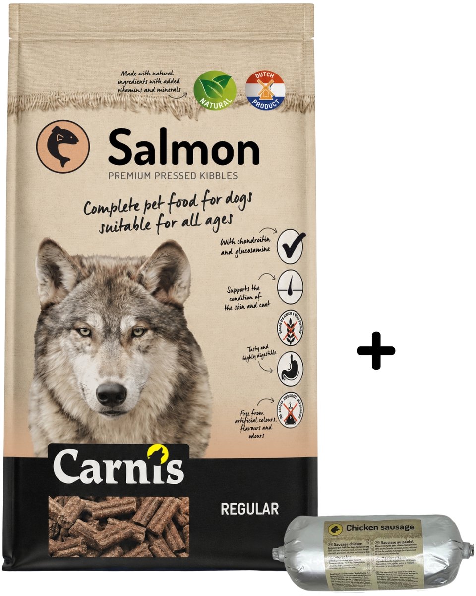 Carnis Carnis Salmon Regular geperst hondenvoer 12,5 kg + Gestoomde worst kip 200gr - Hond
