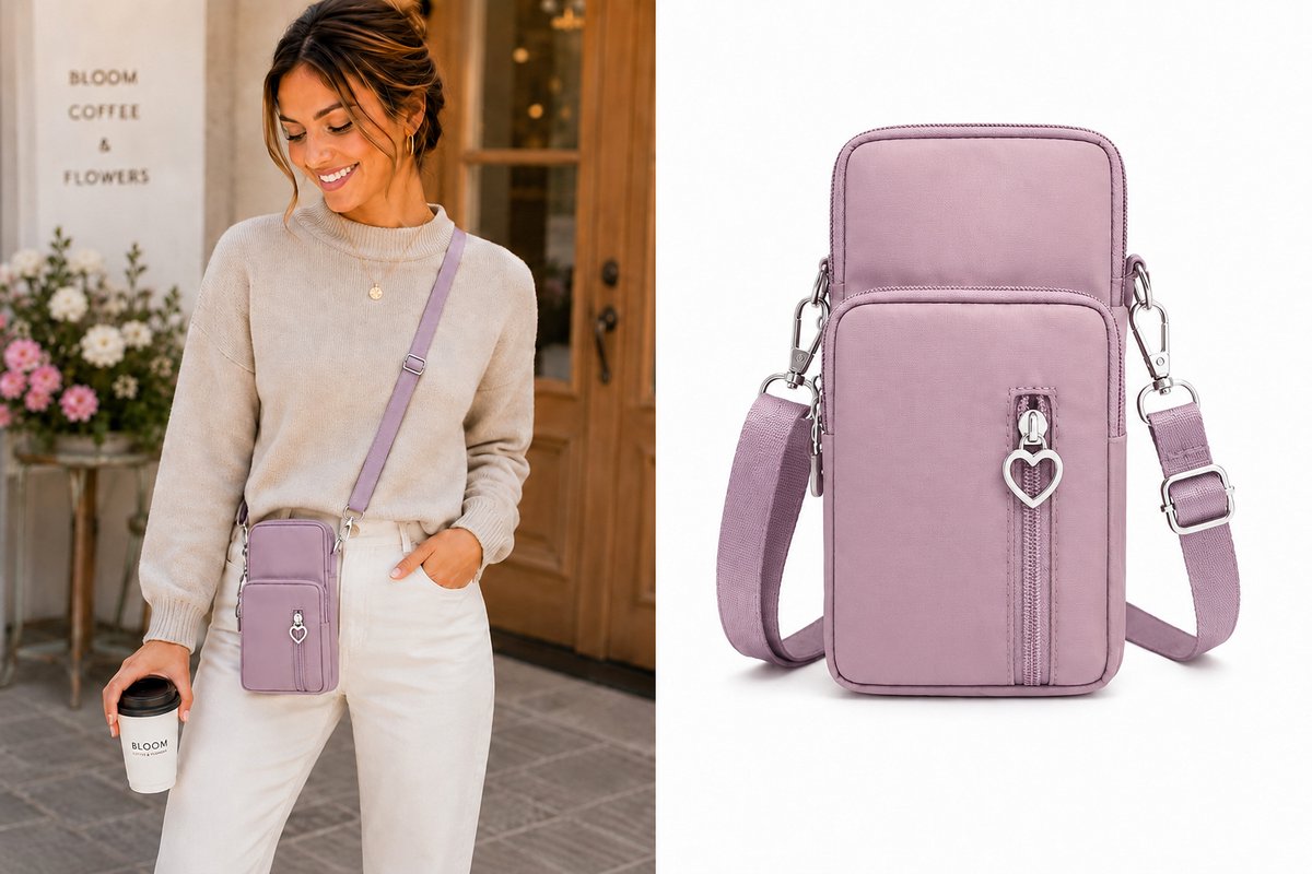 Dames Crossbody Tas – Telefoontasje 4-Vaks Oudroze – Waterproof – 20 x 10 x 5 cm – Verstelbare Schouderriem
