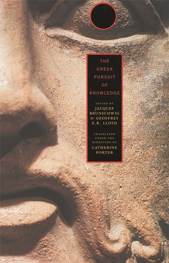 Boekomslag met close-up van een oud Grieks standbeeld, titel 'The Greek Pursuit of Knowledge'.