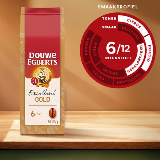 Douwe Egberts Excellent Gold koffiebonen, 500g. Intensiteit 6/12 met tonen van citrus, cacao en noot.