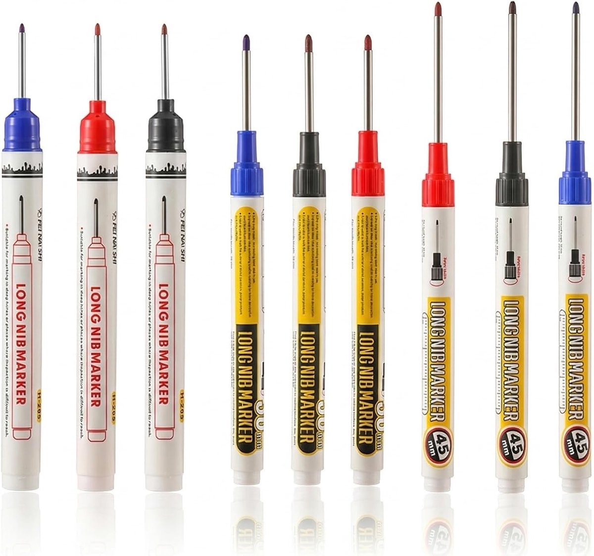 Diepe gatmarkers set van 9 stuks, boorgatmarkers met extra lange punt, waterdichte markeerstiften voor hout, karton en kunststof, 45 mm, 30 mm, 20 mm, ideaal voor precisiewerk en metaalbewerking