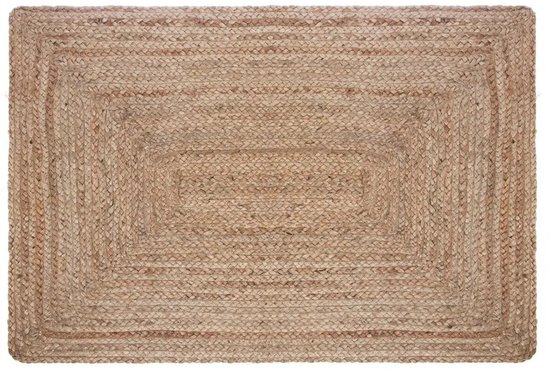 Beige gevlochten jute vloerkleed met concentrische rechthoekige patronen.