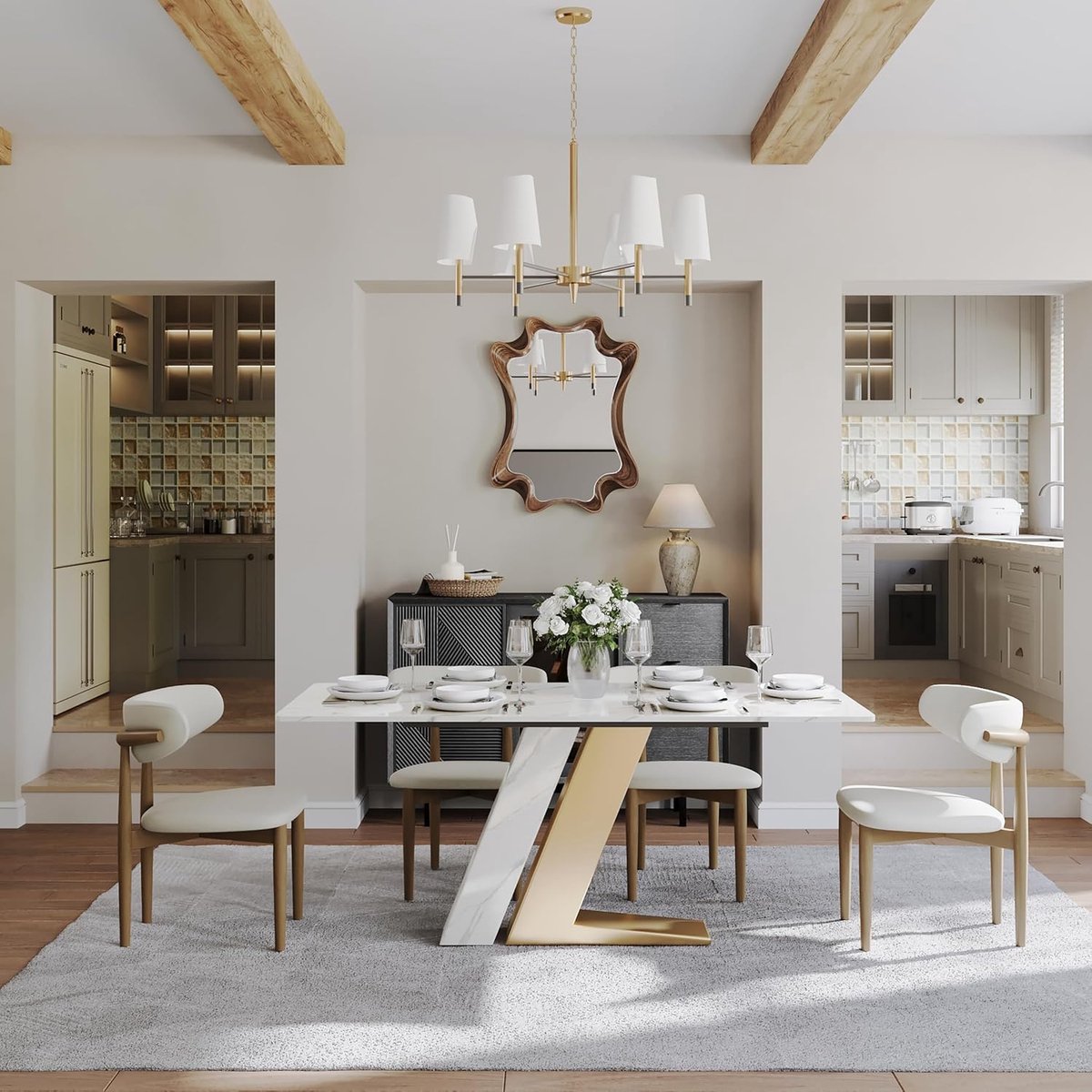 Eettafel Luxe Wit Goud 180x90 cm – NoviHomeStore Gesinterde Steen – Rechthoekig Tafelblad – Z-Vormig Roestvrij Staal – Voor 8-10 Personen – NoviHomeStore