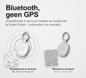Twee schematische weergaven van de witte Fresh 'n Rebel Smart Finder, naast een kaart van Londen, die Bluetooth-locatievermelding tonen.
