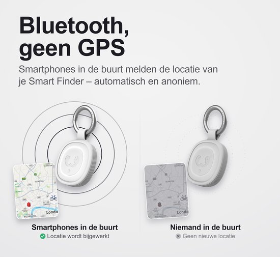 Twee schematische weergaven van de witte Fresh 'n Rebel Smart Finder, naast een kaart van Londen, die Bluetooth-locatievermelding tonen.