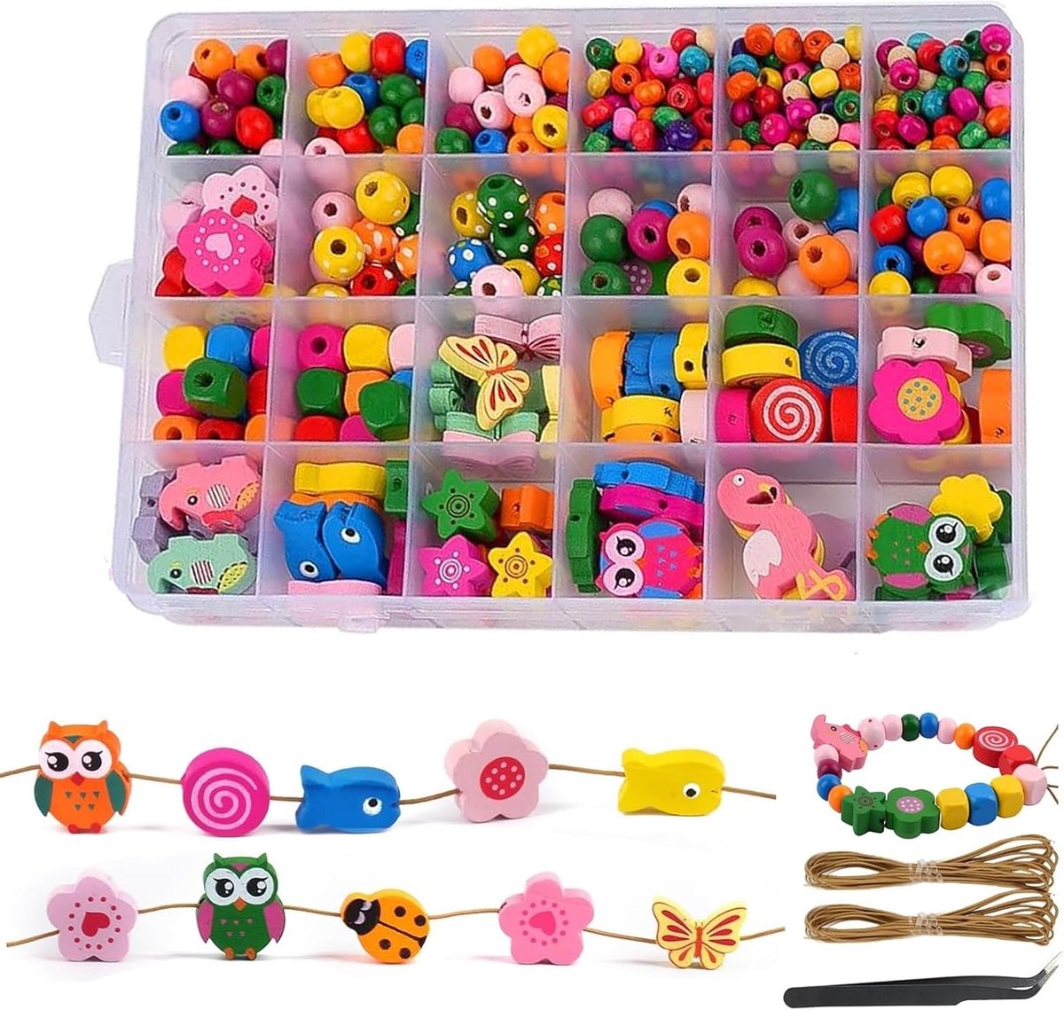 Kleurige houten kralen voor het rijgen van armbanden, kettingen en ambachten, inclusief draad en pincet, perfect voor creatieve meisjes en cadeau-ideeën