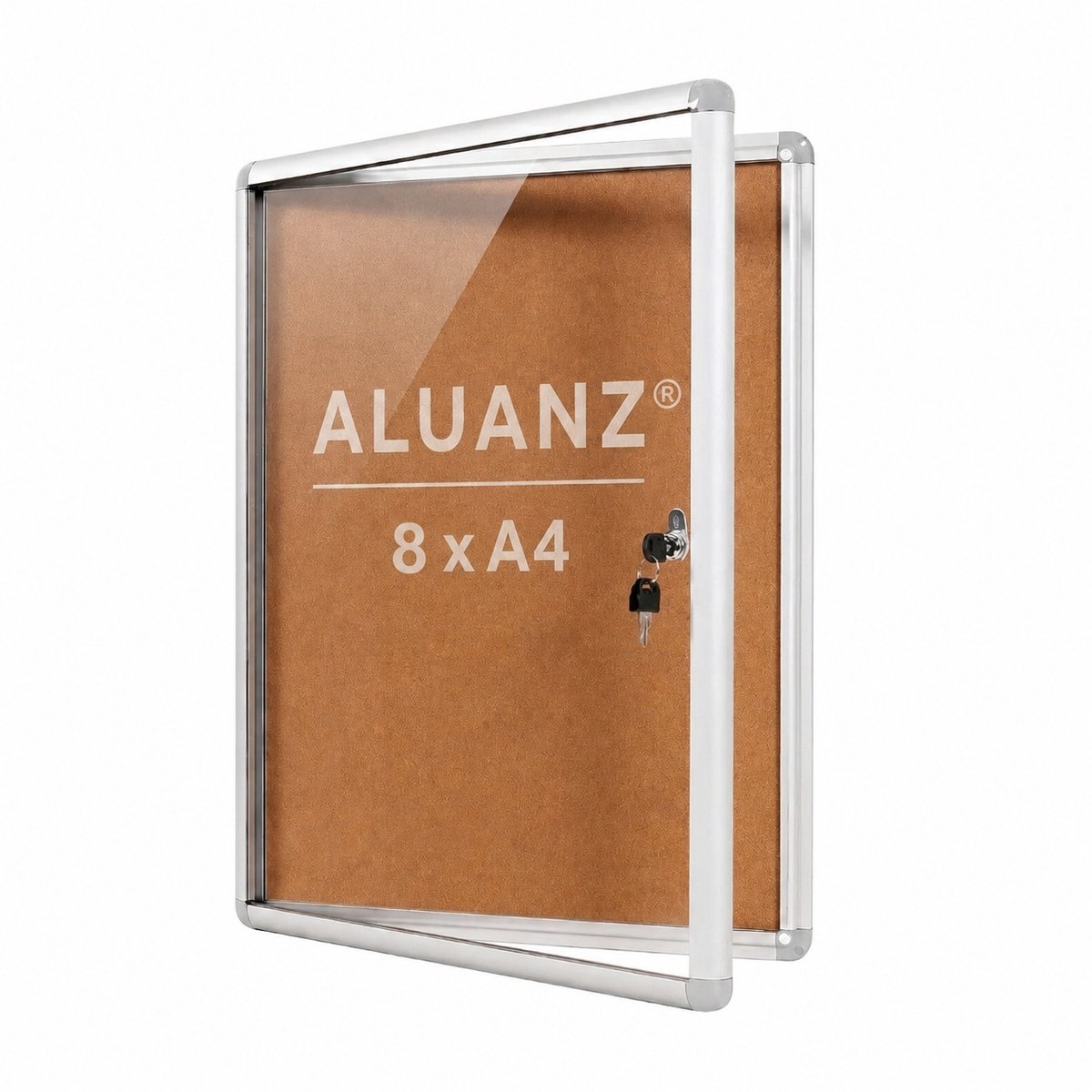 NIEUW: 8 x A4 Formaat Afsluitbare Vitrinekast met Kurken Achterwand - ALUANZ - Postervitrine, Wandvitrine, Notitiebord, Binnenvitrine, Muurvitrine, Mededelingenbord met slot