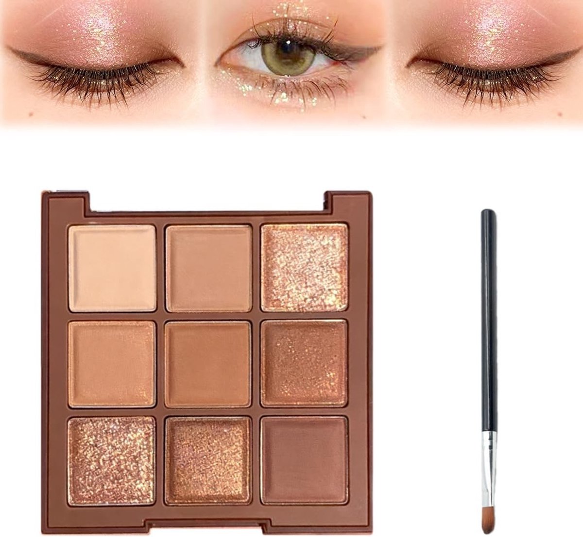 Complete Oogschaduwset met 9 Stralende Kleuren en Oogschaduwkwast, 24 Uur Langhoudende Make-up voor Bruine Tinten, Avondlook en Feestelijke Gelegenheden