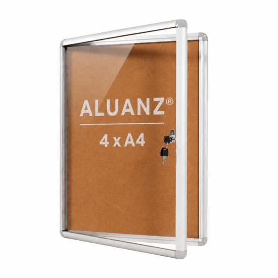 NIEUW: 4 x A4 Formaat Afsluitbare Vitrinekast met Kurken Achterwand - ALUANZ - Postervitrine, Wandvitrine, Notitiebord, Binnenvitrine, Muurvitrine, Mededelingenbord met slot