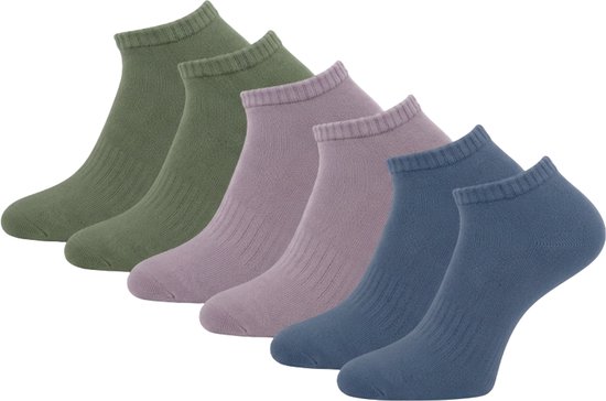 Zes paar SQOTTON enkelsokken in olijfgroen, lila en blauw.