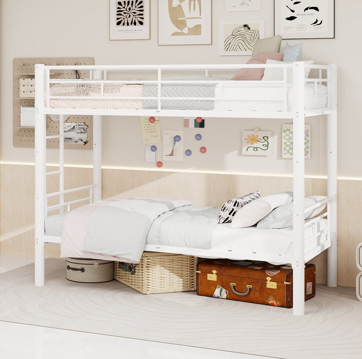 MIVRAY Stapelbed 90x190 cm - Eenpersoonsbed Met Ladder en Uitvalbeveiliging - Omvormbaar Tot 2 Bedden Zonder Matras - Metaal - Wit
