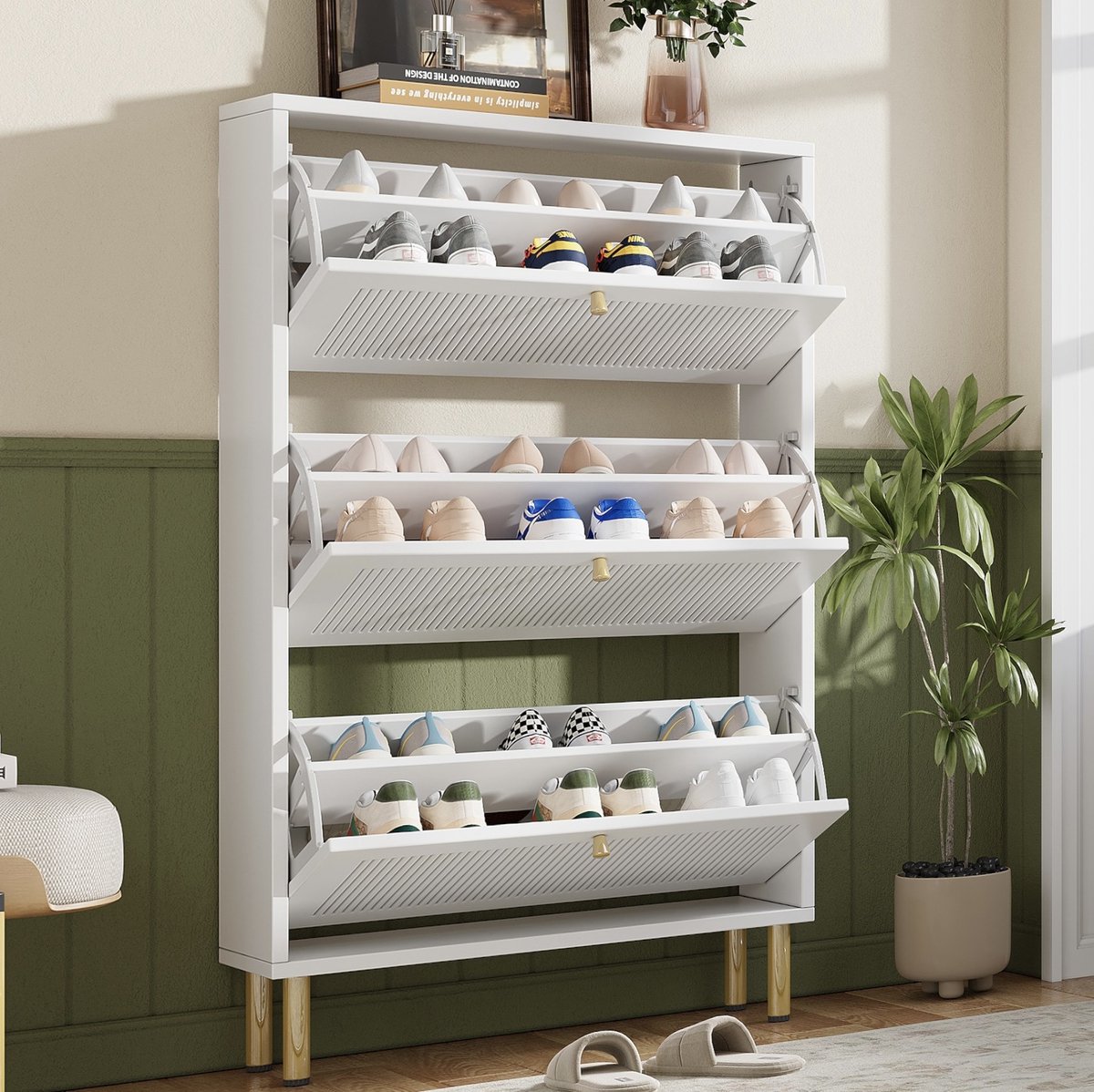 DESMIU Schoenenkast - Smalle Schoenkast Met 3 Geribbelde Klepdeuren - Voor Hal En Entree - MDF En Spaanplaat - 73x23x125 Cm - Wit