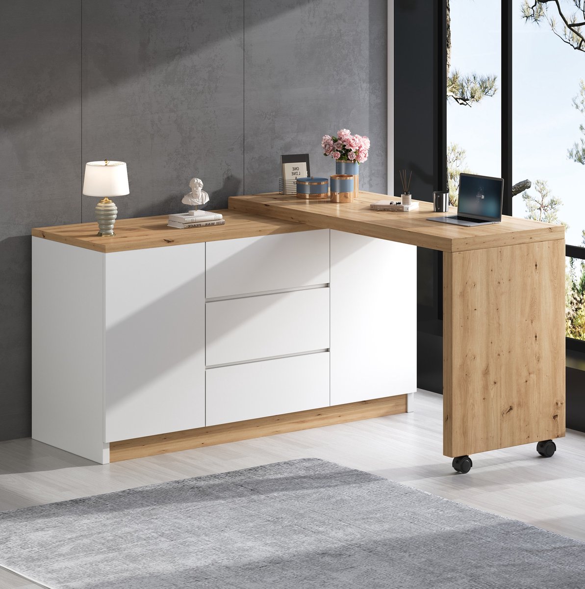 FloraGrace Bureau - Draaibaar En Opklapbaar Hoekbureau Met Wielen - 2 Deuren En 3 Lades - Spaanplaat - 120x50x76,5 Cm - Wit En Eiken