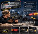 Jongen met speelgoed sniper geweer 68cm met "Combat Zone" tekst, led-lampjes en geluid.