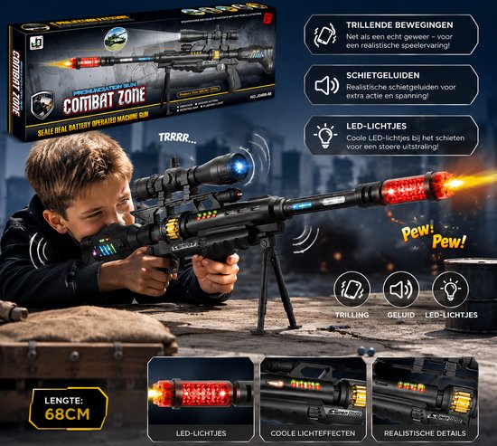 Jongen met speelgoed sniper geweer 68cm met "Combat Zone" tekst, led-lampjes en geluid.
