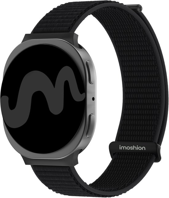 Bracelet de montre connectée noir en nylon tissé avec logo imoshion, adapté à une montre connectée.