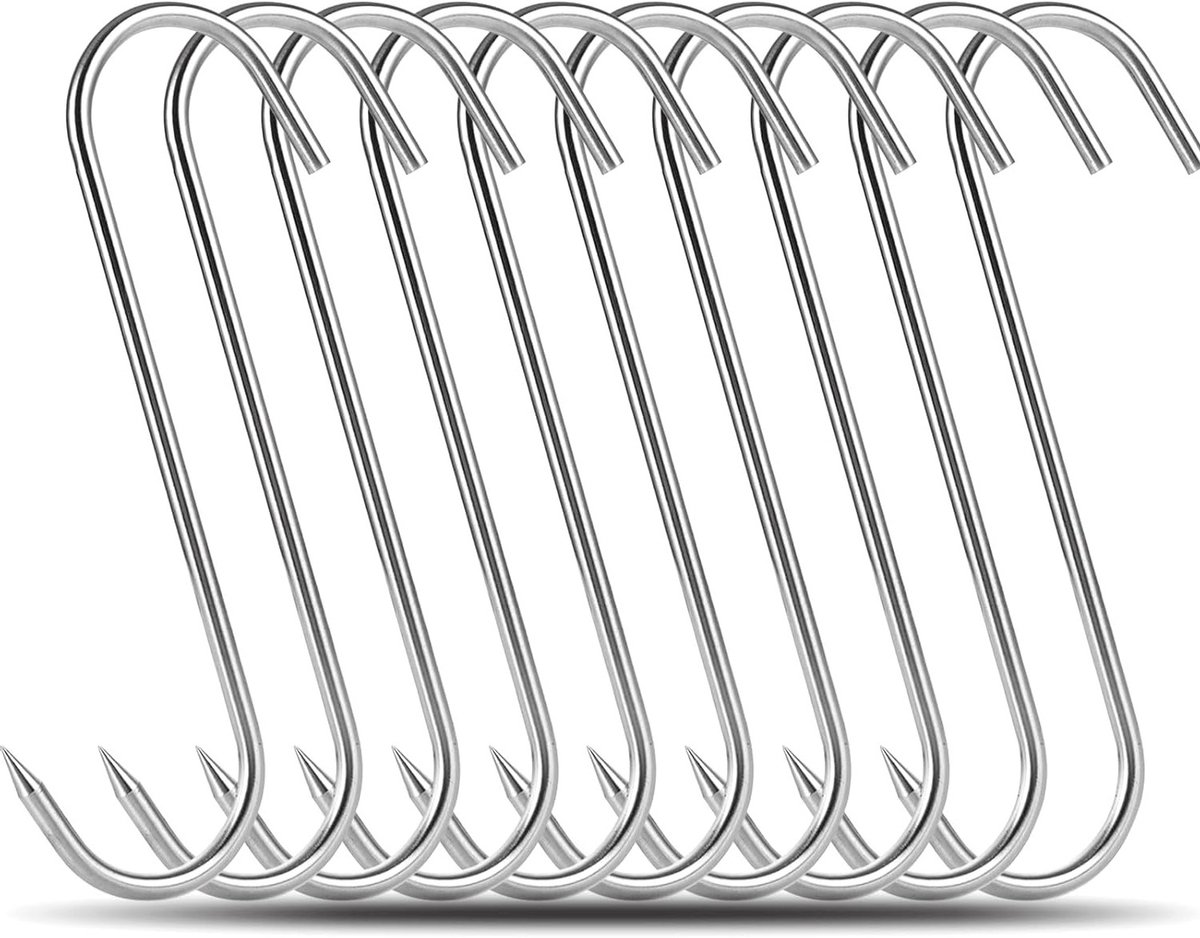 10 stuks zware RVS vlees haken, 10mm S-haken voor roken, drogen en barbecueën van vlees, worst en kip