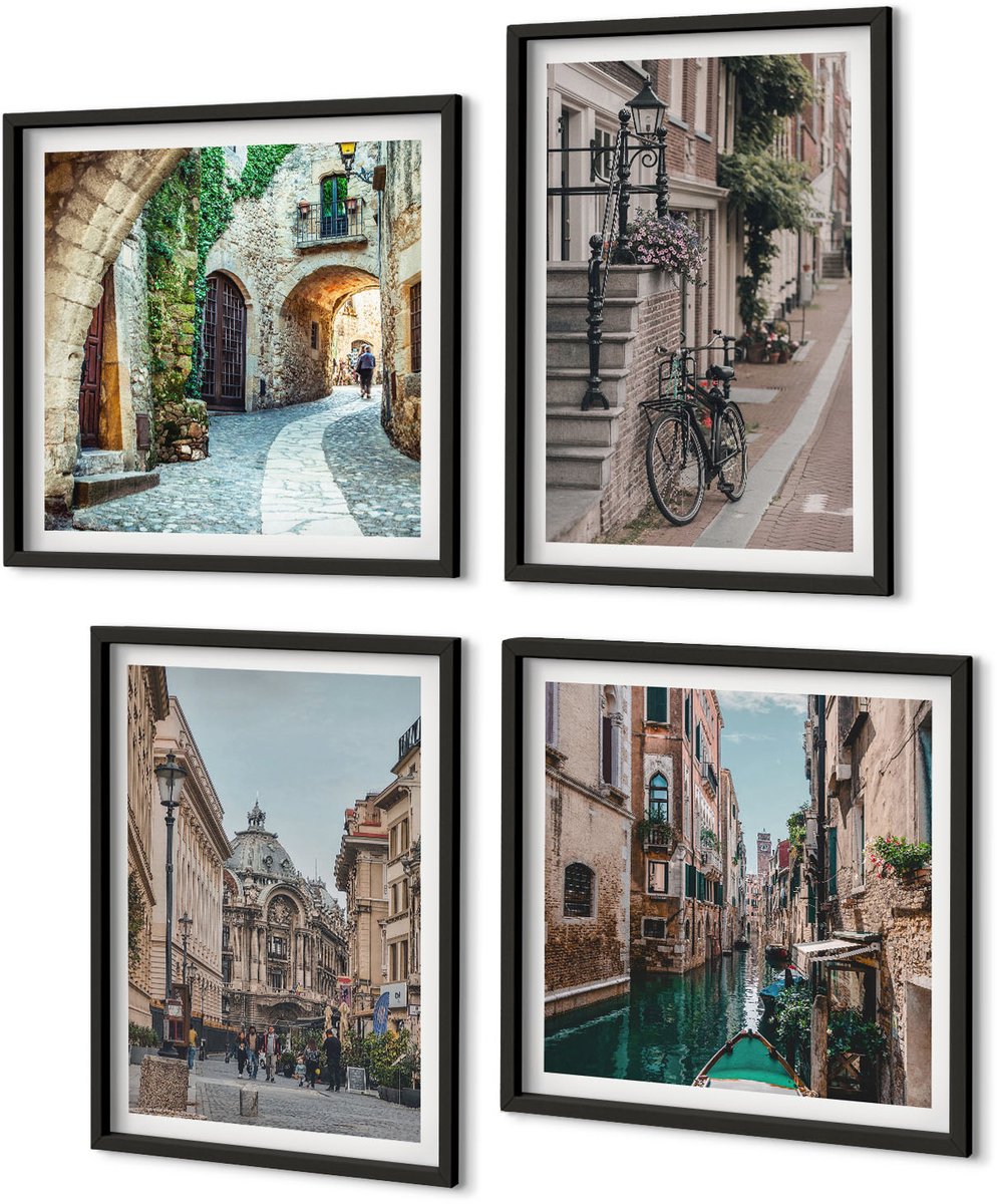 Coloray 4-Delige Schilderij Set - Venetiaanse Straten Van Steden Met Architectuur En Water - 40 x 40 cm En 40 x 60 cm - Decoratieve Schilderijen - Woonkamer - Interieur - Moderne Wanddecoratie Zwarte lijst