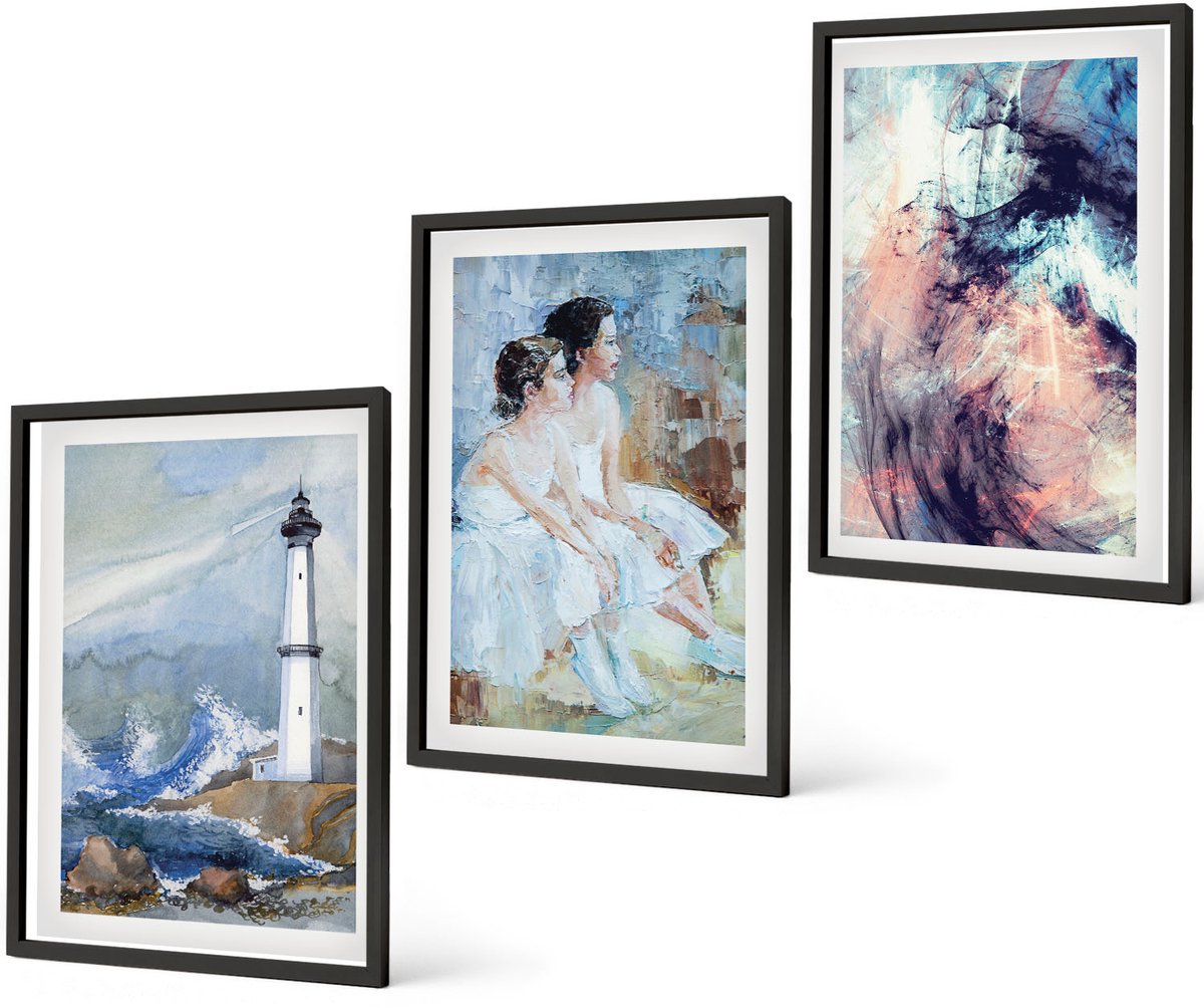 Coloray 3-Delige Schilderij Set - Abstracte Geschilderde Vuurtoren En Dansers - 40 x 60 cm - Moderne Wanddecoratie - Slaapkamer - Interieur Decoratie