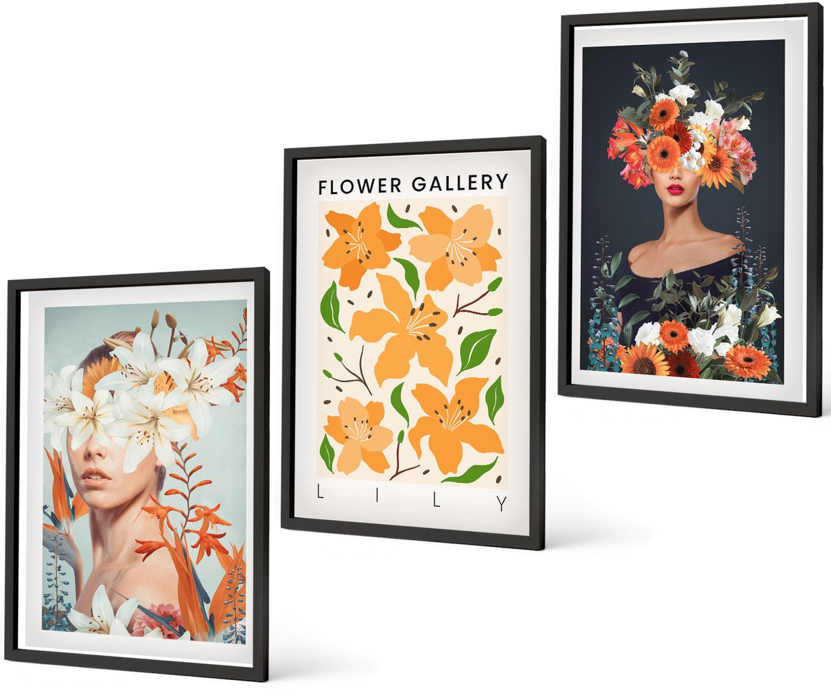Coloray 3-Delige Schilderij Set - Bloemenportretten Met Kleurrijke Boeketten En Bladeren - 40 x 60 cm - Moderne Wanddecoratie - Slaapkamer