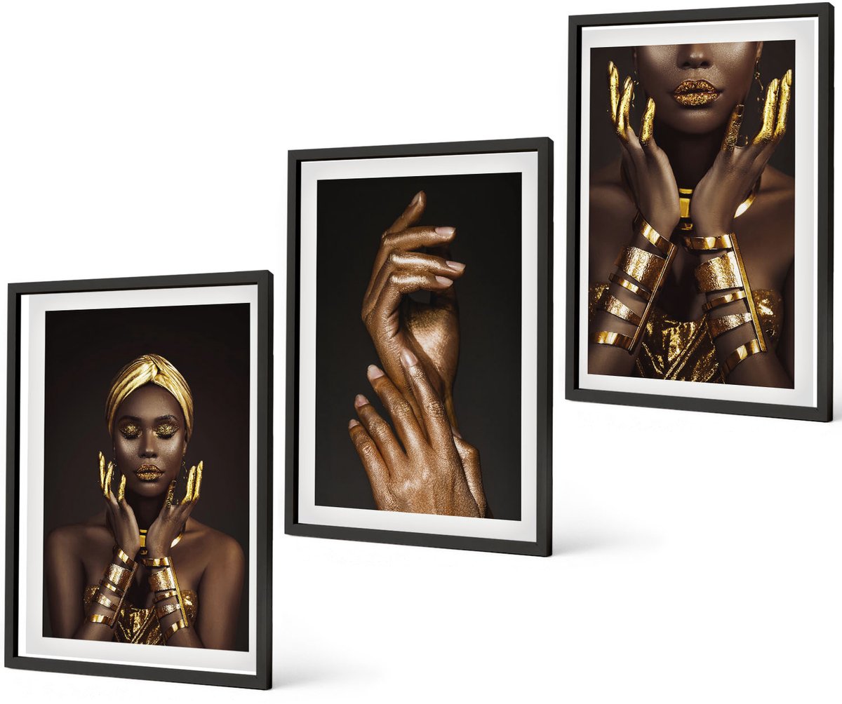 Coloray 3-Delige Schilderij Set - Elegante Portretten Van Een Afrikaanse Vrouw - 40 x 60 cm - Stijlvolle Wanddecoratie - Interieur - Moderne Wanddecoratie