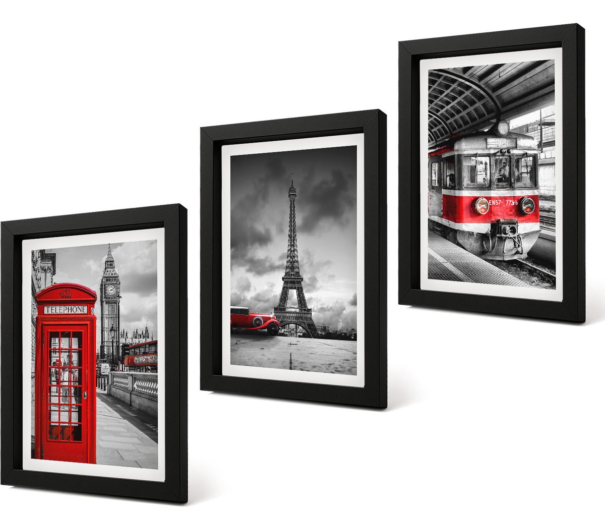 Coloray 4-Delige Schilderij Set - Iconische steden: Londen, Parijs en het spoorvervoer - 20 x 30 cm - Stijlvolle Muurdecoratie - Slaapkamer - Decoratieve Schilderijen