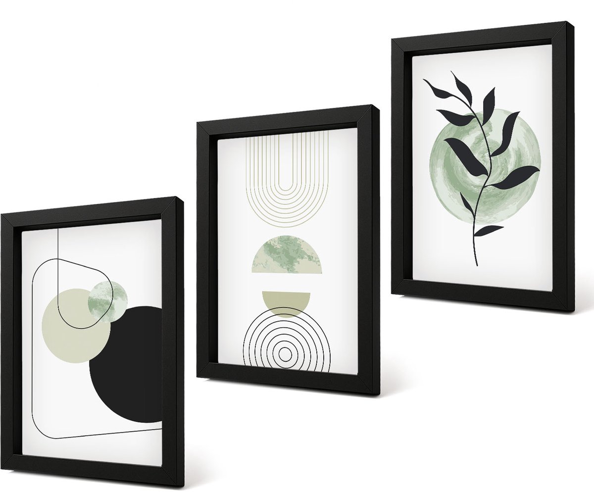 Coloray 4-Delige Schilderij Set - Abstracte vormen en plantmotieven in groen - 20 x 30 cm - Stijlvolle Muurdecoratie - Slaapkamer - Interieur Decoratie Zwarte lijst