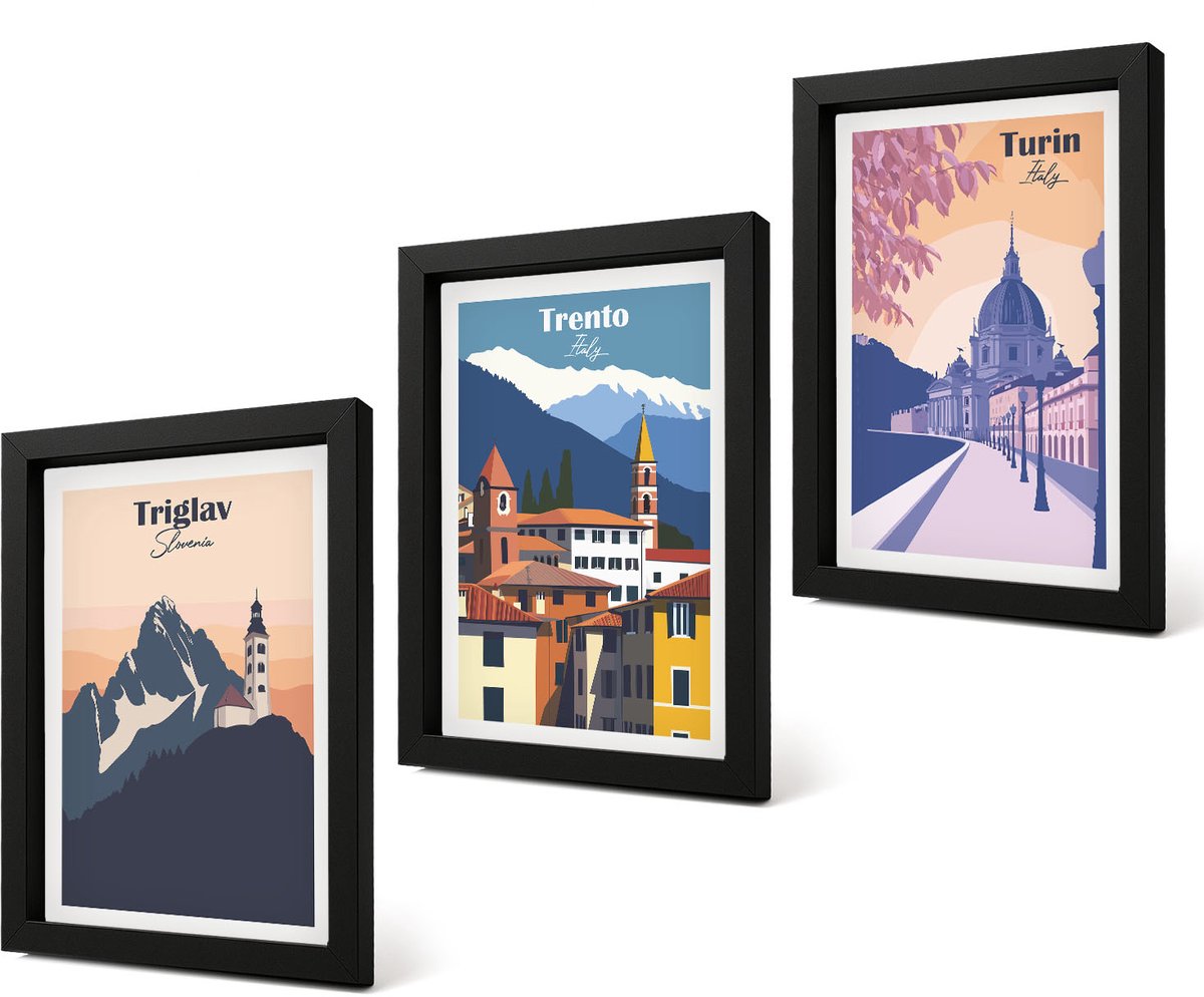 Coloray 4-Delige Schilderij Set - Bergen en architectuur, retro, kleurrijke illustraties - 20 x 30 cm - Muurdecoratie - Interieur Decoratie - Moderne Wanddecoratie