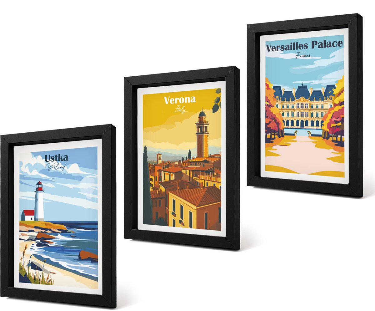 Coloray 4-Delige Schilderij Set - Uitzichten op beroemde plekken aan zee en in steden - 20 x 30 cm - Wanddecoratie - Woonkamer Decoratie - Interieur Decoratie