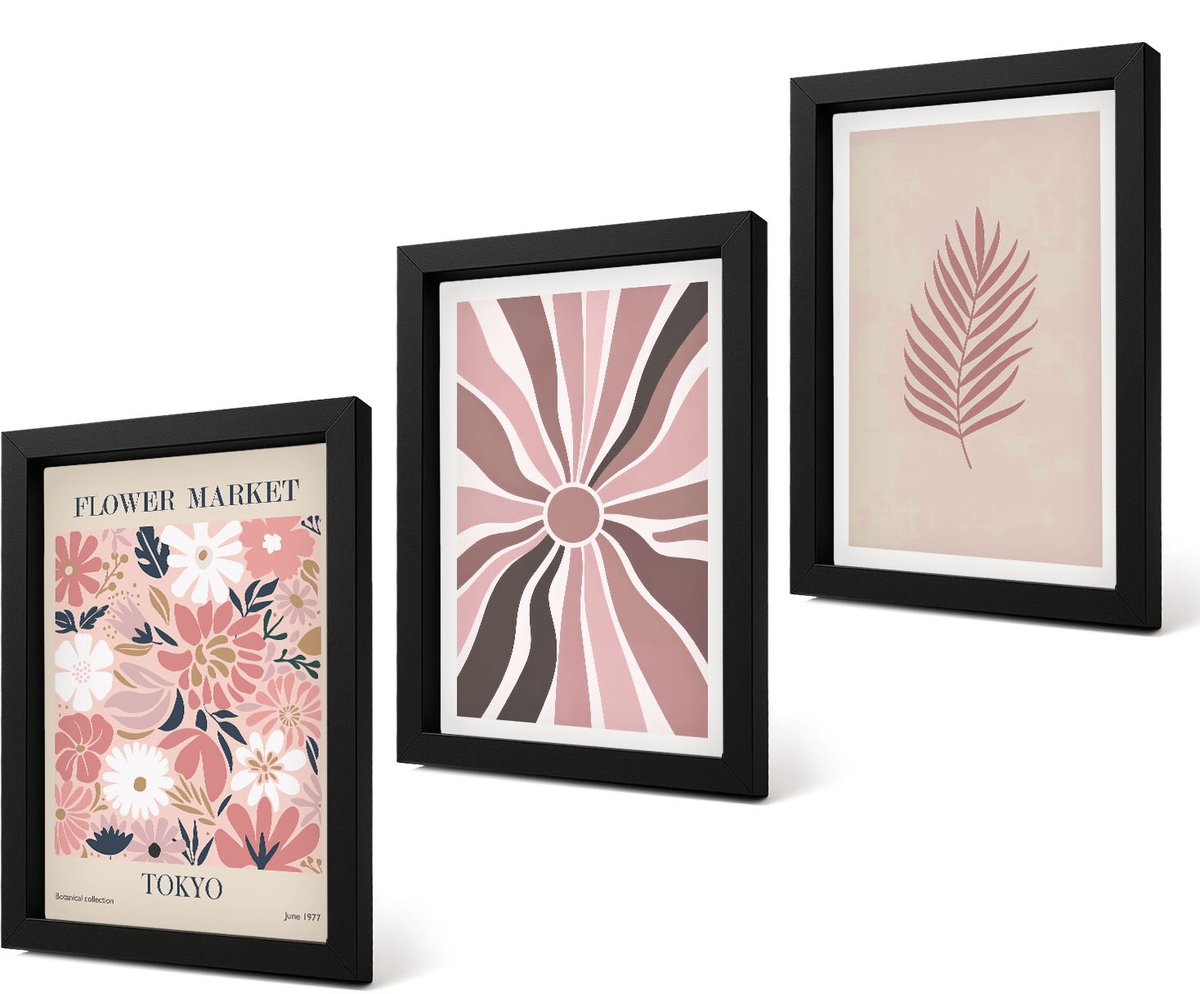 Coloray 4-Delige Schilderij Set - Bloemmotieven met bladeren en geometrische vormen - 20 x 30 cm - Moderne Wanddecoratie - Woonkamer - Woonkamer Decoratie