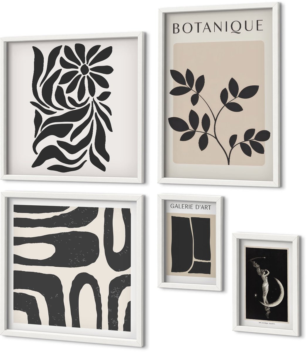 Coloray 5-Delige Schilderij Set - Moderne Plantmotieven In Een Minimalistische Stijl - 50 x 50 cm, 20 x 30 cm En 40 x 60 cm - Stijlvolle Muurdecoratie - Kantoor