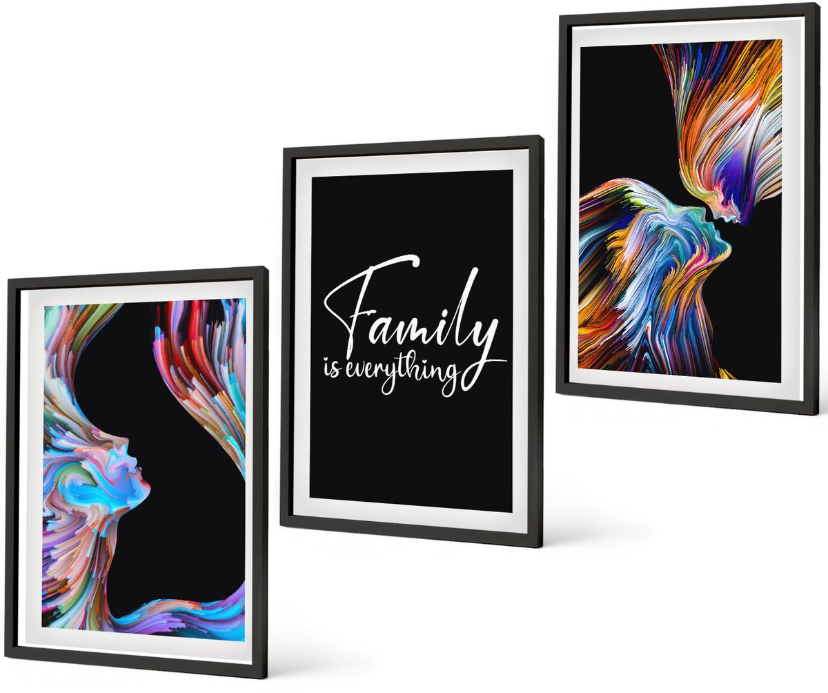 Coloray 3-Delige Schilderij Set - Portretten Van Mensen In Kleurrijke Patronen En Een Opschrift Over Familie. - 40 x 60 cm - Wanddecoratie - Woonkamer Decoratie - Decoratieve Schilderijen