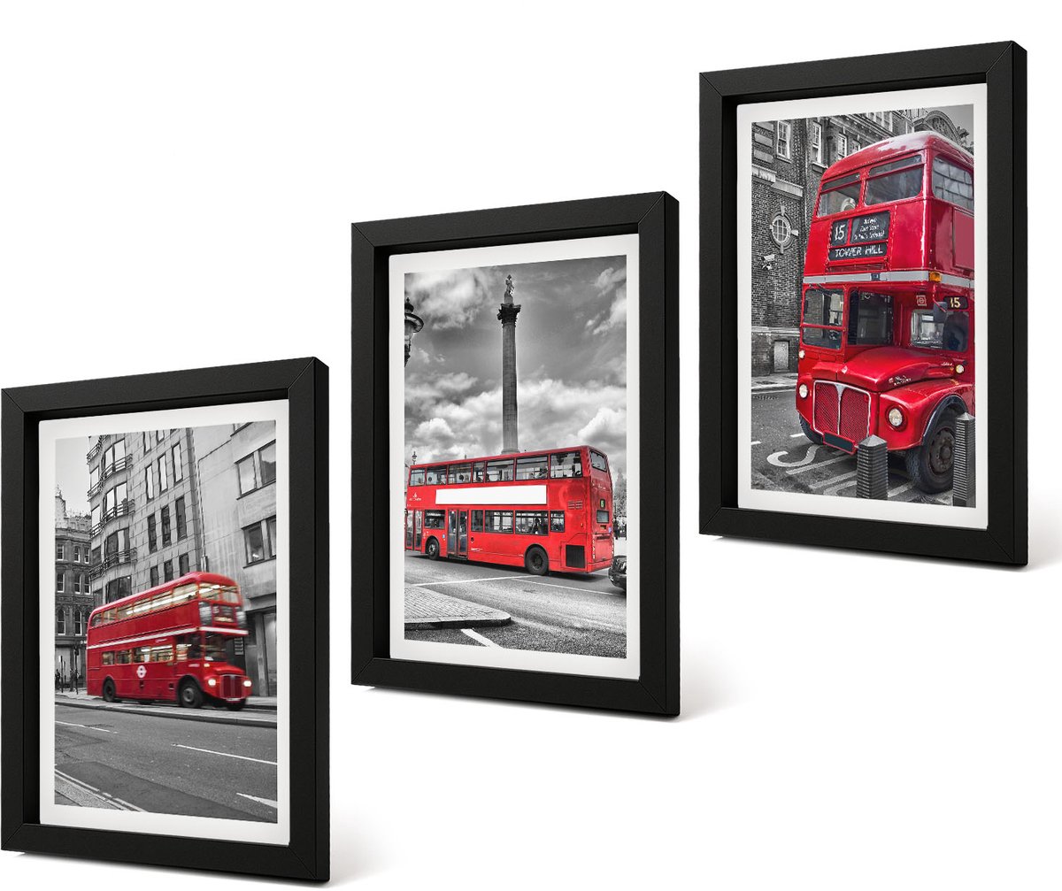 Coloray 4-Delige Schilderij Set - Rode bussen in het Londense stadslandschap - 20 x 30 cm - Muurdecoratie - Wanddecoratie - Hal