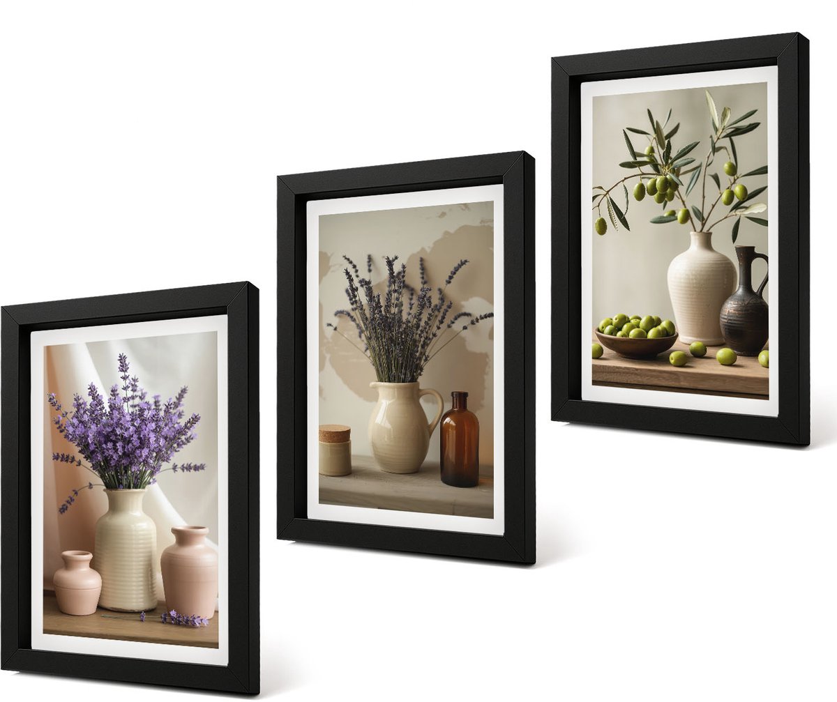 Coloray 4-Delige Schilderij Set - Lavendelbloemen, olijven en keramische vazen - 20 x 30 cm - Wanddecoratie - Schilderijen Set - Interieur - Decoratieve Schilderijen